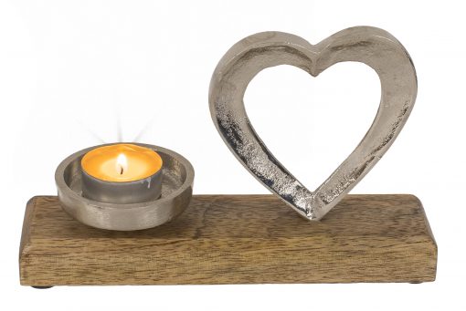 Metall-Teelichthalter mit Herz auf Holzsockel, mit Teelicht