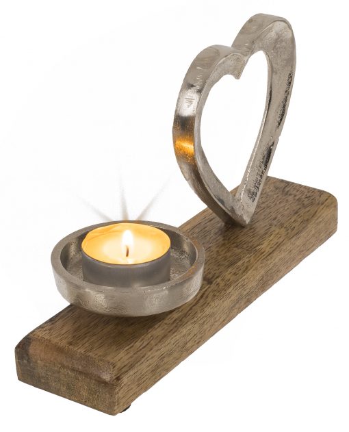 Metall-Teelichthalter mit Herz auf Holzsockel, seitlich mit Teelicht