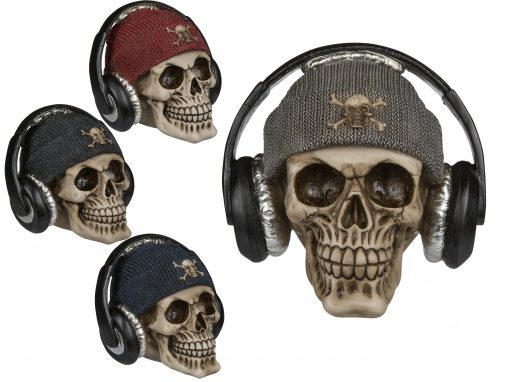 Totenkopf-Spardose mit Mütze und Kopfhörer