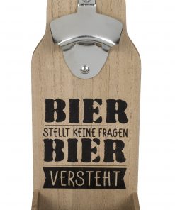 Wandflaschenöffner "Bier stellt keine Fragen" mit Auffangbehälter