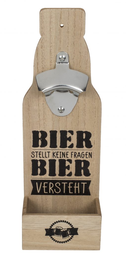 Wandflaschenöffner "Bier stellt keine Fragen" mit Auffangbehälter