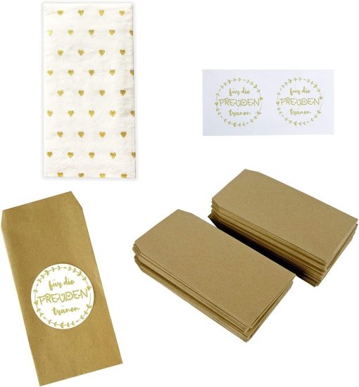 trendori® Gastgeschenk-Set „Für die Freudentränen“ mit jeweils 100 Taschentüchern, Stickern und Tüten