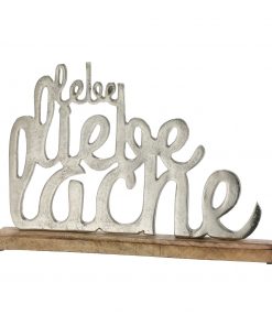 Schriftzug "Lebe Liebe Lache" aus Aluminium mit Holzsockel