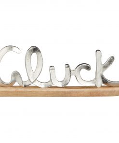 Schriftzug "Glück" aus Aluminium auf Holzfuß L