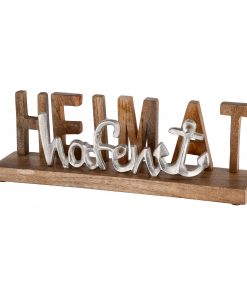 Schriftzug "Heimathafen" aus Aluminium auf Holzsockel