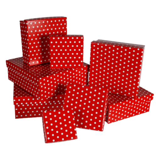 Geschenkkartonage in rot mit weißen Punkten