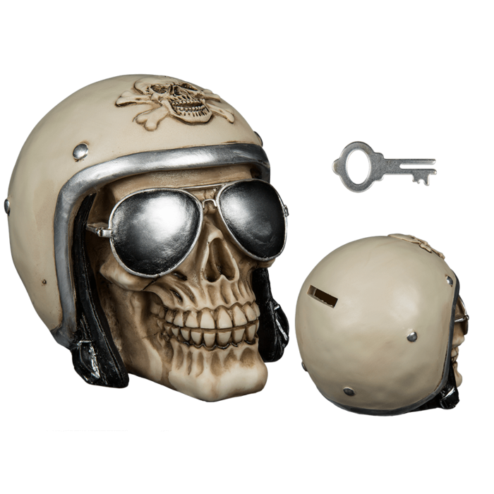 Totenkopf-Spardose mit Motorradhelm und Sonnenbrille - Unikum Geschenke