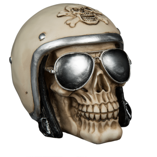 Totenkopf-Spardose mit Motorradhelm und Sonnenbrille