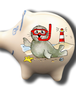Handgemachtes Sparschwein Seehund "Taucherbrille"